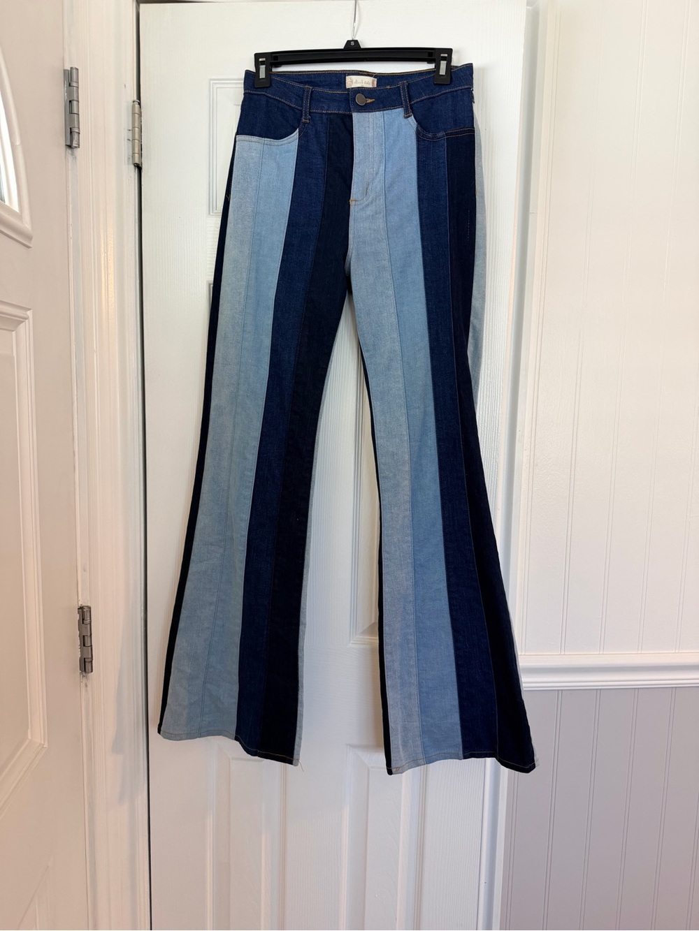 Western Patchwork Stripe High-Rise Flare Jeans - Blue